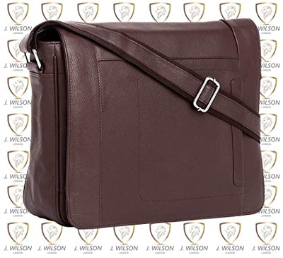 J. Wilson London - Designer Genuine Real Leather 14" Laptop Handmade Unisex Crossover Shoulder Messenger Briefcase Bag Satchel