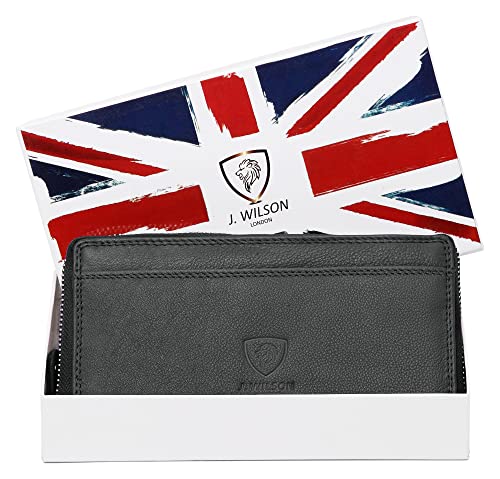 J. Wilson London Ladies Designer Luxury Quality Soft Leather RFID Safe Protection Purse Multi Credit Card Women Clutch Wallet with Zip Pocket Phone Holder Gift Boxed