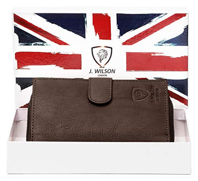 J. Wilson London Ladies RFID Safe Designer Soft Leather Purse Card Women Clutch Wallet with Zip Pocket Gift Boxed