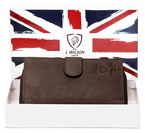 J. Wilson London Ladies RFID Safe Designer Soft Leather Purse Card Women Clutch Wallet with Zip Pocket Gift Boxed