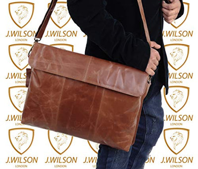 J WILSON London - Designer Genuine Real VT Veg Tanned Crunch Leather 15" Laptop Handmade Unisex Crossover Sleeve Work iPad Shoulder Messenger Bag