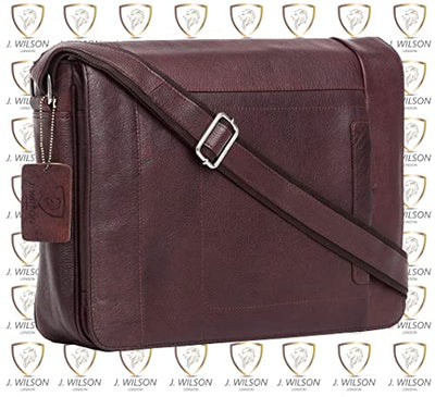 J. Wilson London - Designer Genuine Real Leather 14" Laptop Handmade Unisex Crossover Shoulder Messenger Briefcase Bag Satchel