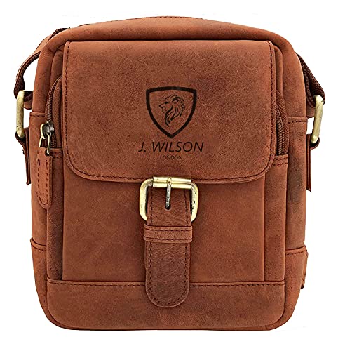 J WILSON London - Genuine Real Veg Tan VT Handmade Unisex Crossover Flapover Everyday Crossover Work Tote Shoulder Messenger Bag (Distressed Tan)