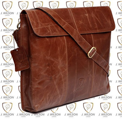 J WILSON London - Designer Genuine Real VT Veg Tanned Crunch Leather 15" Laptop Handmade Unisex Crossover Sleeve Work iPad Shoulder Messenger Bag