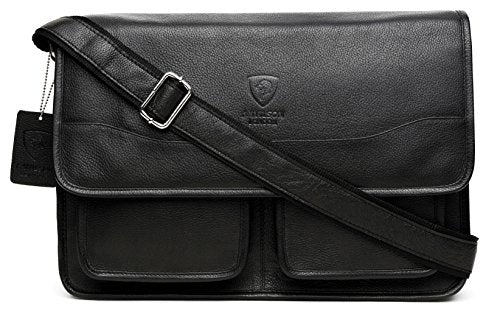 J. Wilson London - 13.5" Laptop Designer Genuine Real Nappa Handmade Unisex Crossover Flapover Everyday Crossover Work iPad Shoulder Messenger Bag