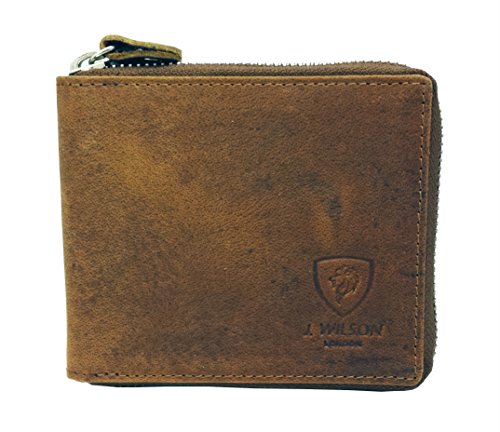 RFID Blocking Protection Distressed Brown Genuine Leather J Wilson London Mens ZipAround Wallet with Zip Coin Pocket Gift Boxed