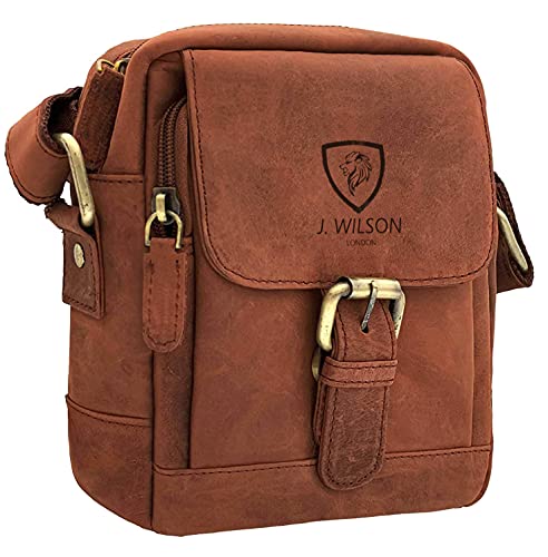 J WILSON London - Genuine Real Veg Tan VT Handmade Unisex Crossover Flapover Everyday Crossover Work Tote Shoulder Messenger Bag (Distressed Tan)