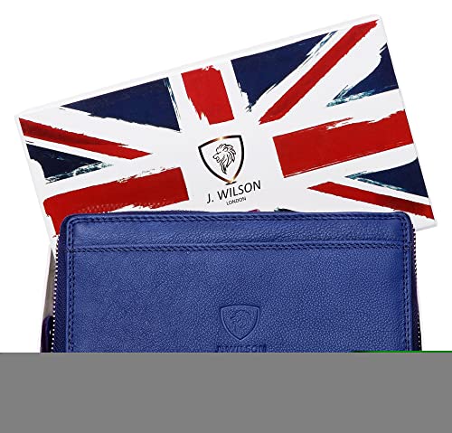 J. Wilson London Ladies Designer Luxury Quality Soft Leather RFID Safe Protection Purse Multi Credit Card Women Clutch Wallet with Zip Pocket Phone Holder Gift Boxed