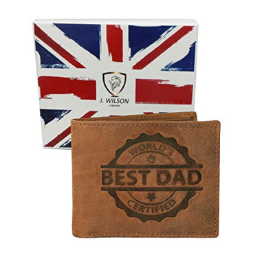 J Wilson London Worlds Best DAD Certified Mens Genuine Distressed Hunter Leather Wallet with Coin Purse Gift Boxed