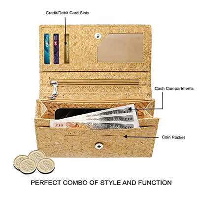 Ladies Designer Hudson & James Cork Vegan RFID Blocking Shield Compact Card Holder Wallet Purse Multi Card Women Clutch Wallet with Phone Pocket