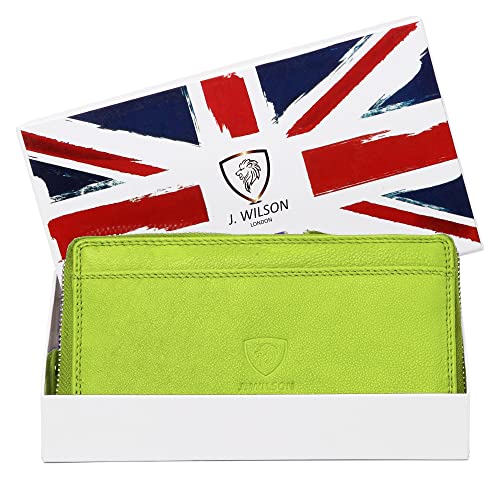 J. Wilson London Ladies Designer Luxury Quality Soft Leather RFID Safe Protection Purse Multi Credit Card Women Clutch Wallet with Zip Pocket Phone Holder Gift Boxed