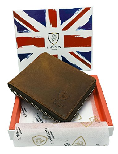 RFID Blocking Protection Distressed Brown Genuine Leather J Wilson London Mens ZipAround Wallet with Zip Coin Pocket Gift Boxed