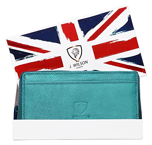 J. Wilson London Ladies Designer Luxury Quality Soft Leather RFID Safe Protection Purse Multi Credit Card Women Clutch Wallet with Zip Pocket Phone Holder Gift Boxed